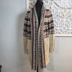 Natural Reflections Womens Fair Isle Cable Knit Longline Cardigan Sweater Large